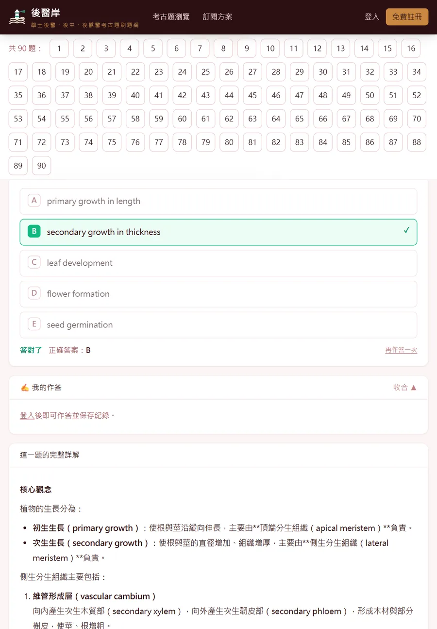 後醫岸在平板上的考卷畫面：選擇題對答案，下方接著作答區與詳解